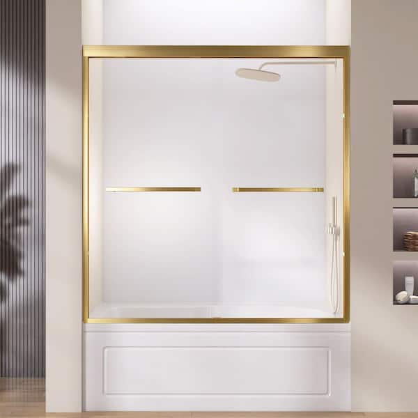 56 to 60 in. W x 62 in. H Double Sliding Tub Door in Gold Framed Bypass Alcove Bathtub Shower Door with 5/16 Clear Glass