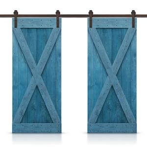 X 88 in. x 84 in. Ocean Blue Stained DIY Solid Pine Wood Interior Double Sliding Barn Door with Hardware Kit