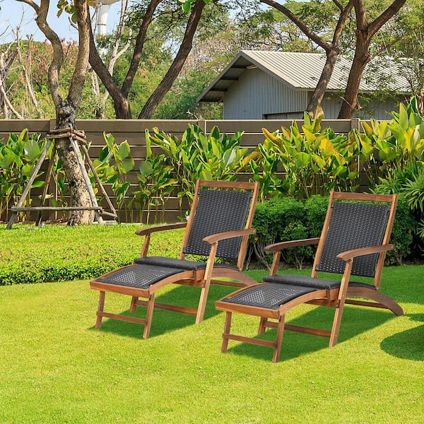 Footrest Folding Patio Acacia Wood Deck Chair Rattan Chaise Lounge Chair (Set of 2)