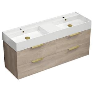 Derin 55.51 in. W x 18.11 in. D x 25.2 H Double Sinks Wall Mounted Bathroom Vanity in Brown oak with White Ceramic Top