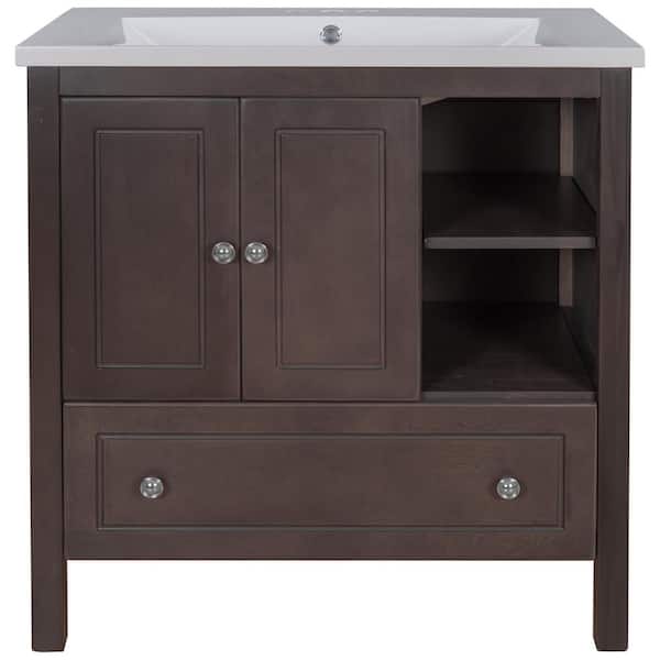 JimsMaison 30 in. W x 18. in D. x 32 in. H Bath Vanity in Brown with White Ceramic Top