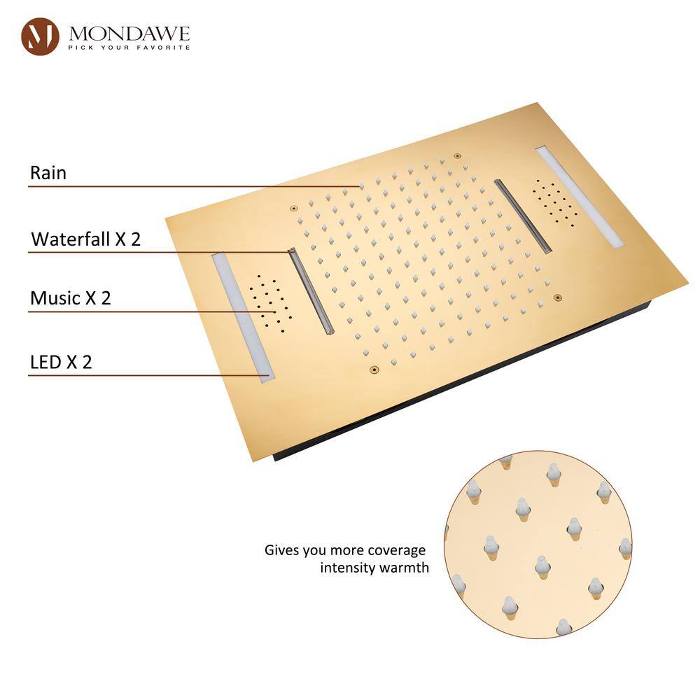 Luxury Gold Ceiling Mounted Dual Shower System with LED and Bluetooth Speaker