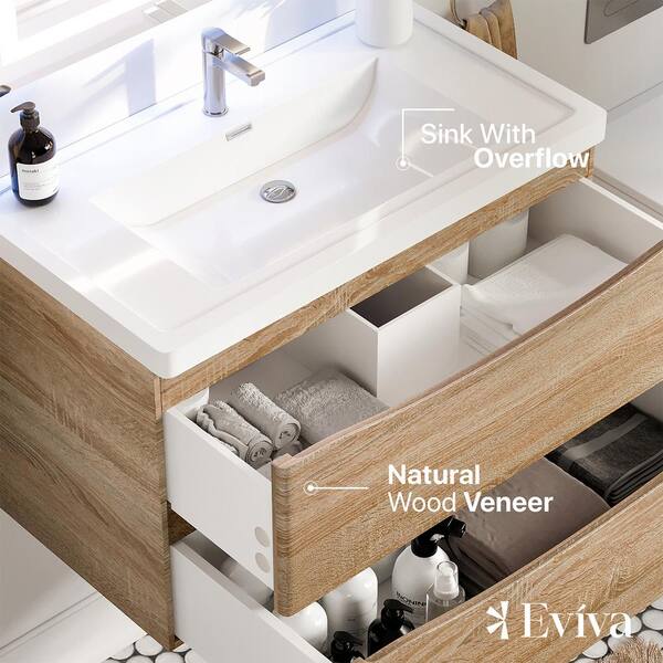 Eviva Smile 36 in. W x 20 in. D x 21 in. H Bathroom Vanity in White Oak with White Acrylic Top with White Sink