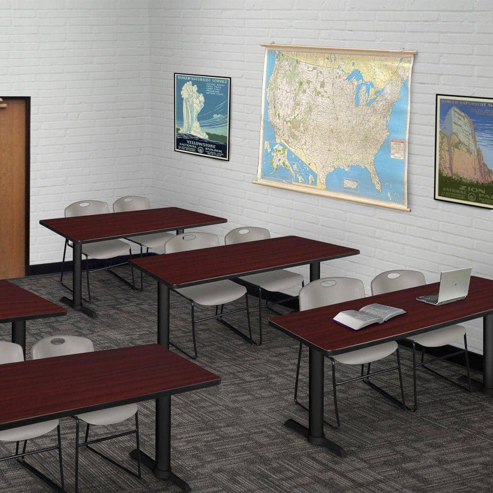 Cain 48 in. x 24 in. Mahogany T-Base Training Seminar Table Desk and 2 Zeng Stack Chairs-Grey