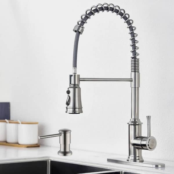 Single Handle Pull Down Sprayer Kitchen Faucet with Soap Dispenser in Stainless Steel Brushed Nickel