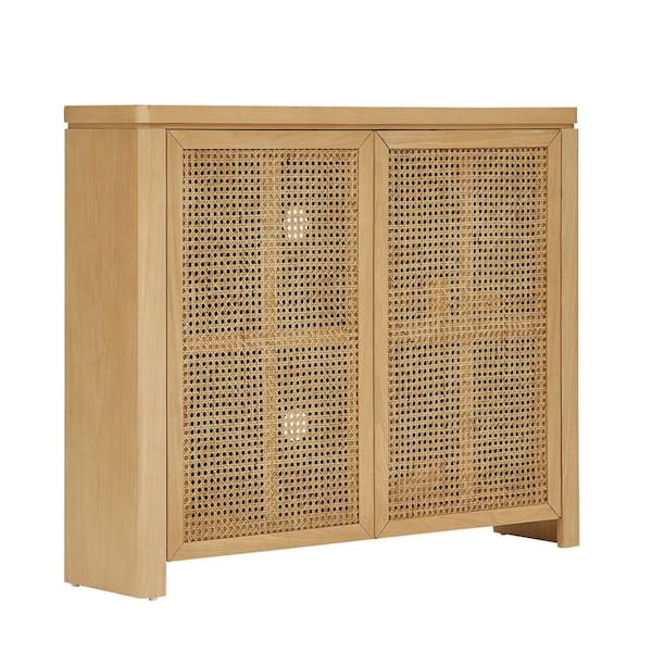 Garnet Mid Century Modern Natural Wood Buffet Sideboard Cabinet with 2 Rattan Doors, 2 Outlet Holes