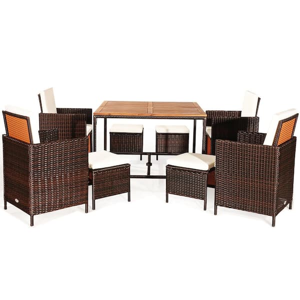 HONEY JOY 9-Piece Wicker Patio Conversation Set Dining Table Set with White Cushions Seat