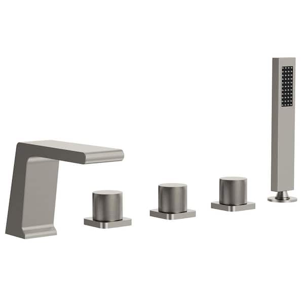 3-Handle Minimalist Tub Deck Mount Roman Tub Faucet with Hand Shower in Brushed Nickel