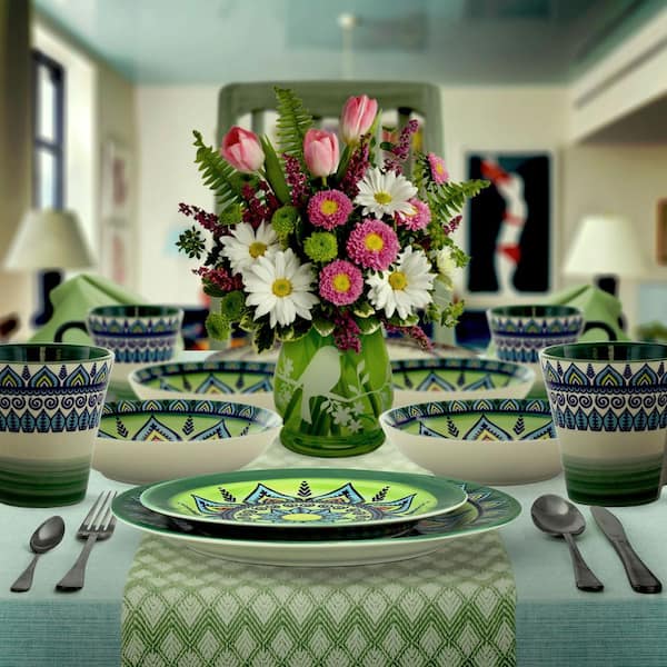 Zen 16-Piece Casual Green Stoneware Dinnerware Set (Service for 4)