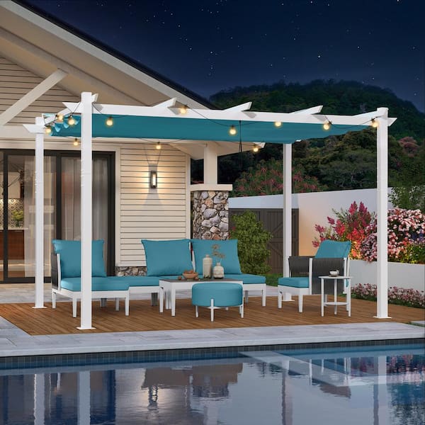 PURPLE LEAF 10 ft. x 13 ft. White Aluminum Frame Pergola with Blue Retractable Sun Shade Canopy Extra Roof and String Lights