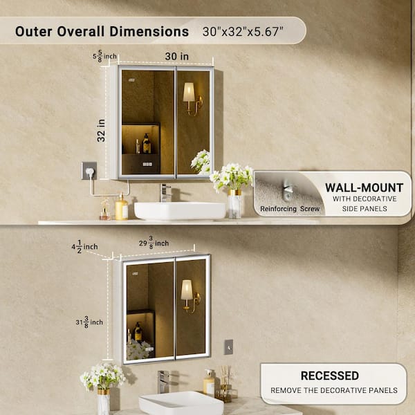 Nova 30 in. W x 32 in. H Rectangular Aluminum Recessed/Wall Mount Dimmable Fogless Lighted Medicine Cabinet with Mirror