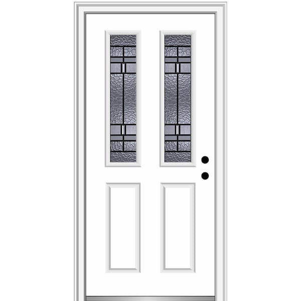MMI Door Pembrook 30 in. x 80 in. 2 Panel Left-Hand Inswing 1/2 Lite Decorative Glass Primed Fiberglass Prehung Front Door
