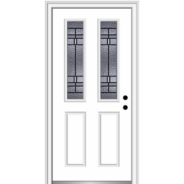 MMI Door Pembrook 32 in. x 80 in. 2 Panel Left-Hand Inswing 1/2 Lite Decorative Glass Primed Fiberglass Prehung Front Door