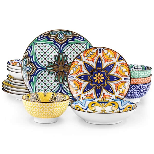 16-Piece White Porcelain Dinnerware Set Service for 4 Jasmine Patterns Bowls and Plates Set with Pasta Bowls