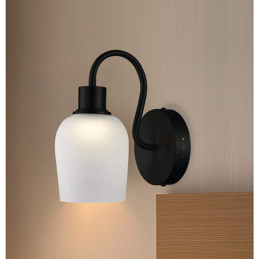 9.88 in. 1-Light Black LED Rechargeable Battery Operated Wall Sconce with Frosted Glass Shade, Remote Included price history on PriceWatchPro