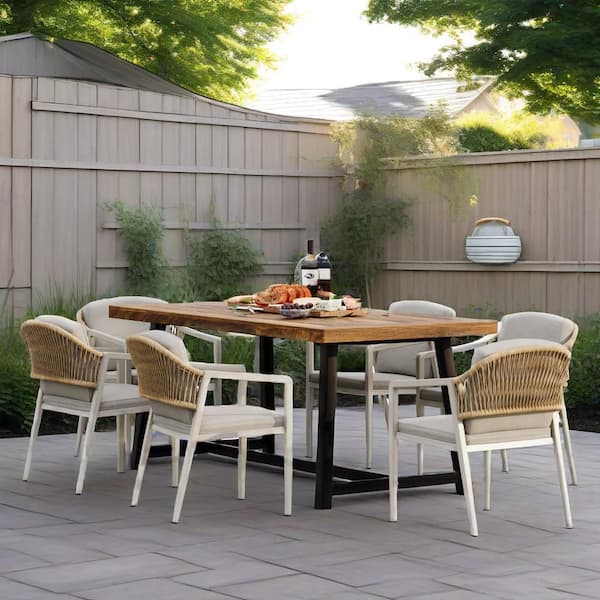 Sudzendf 7-Piece Wicker Outdoor Dining Set with White Cushions, Patio Furniture Set with Acacia Wood Table for Garden, Backyard