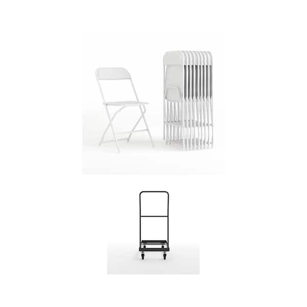Hercules White Metal 650 lb. Folding Chair (10-Count) and Black Steel 5-Wheeled Folding Chair Dolly