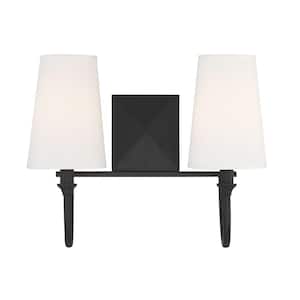 Cameron 15 in. W x 12 in. H 2-Light Matte Black Bathroom Vanity Light with White Fabric Shades