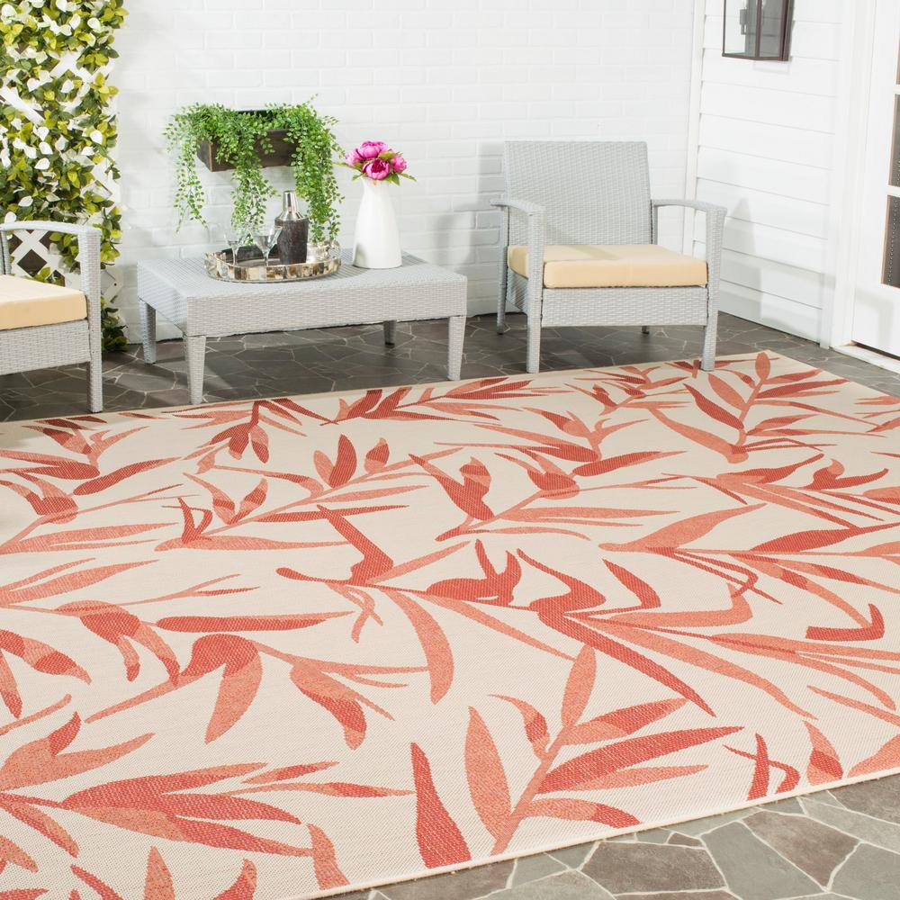 Beige and Terracotta Floral Synthetic Indoor/Outdoor Rug, 5'3" x 7'7"