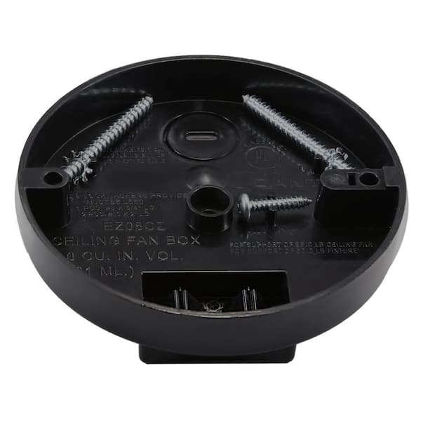 New Work 8 cu. in. Shallow Round Electrical Ceiling Fan Box with Wiring Clamps and Screws, 35-lb. Capacity, Black