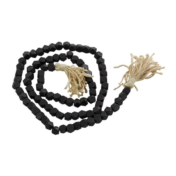 Litton Lane Black Handmade Mango Wood Hexagon Carved Geometric Long Beaded Garland with Tassel