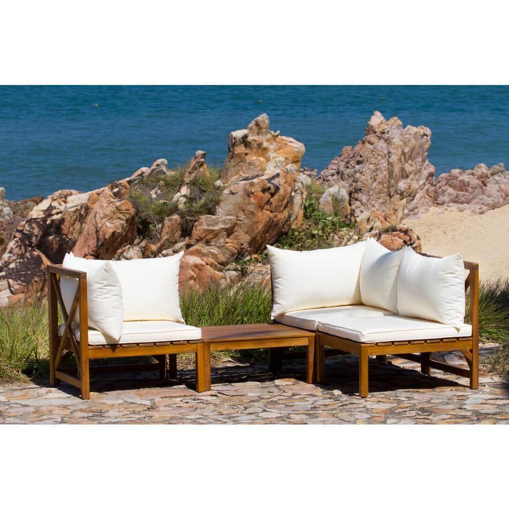 Teak Brown Acacia Wood 3-Piece Outdoor Sectional Sofa Set