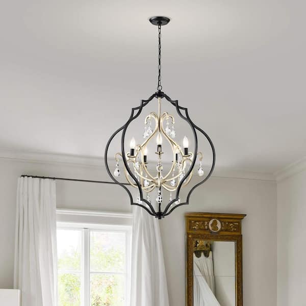 May 5-light Black and Brushed Silverish Champagne Crystal Chandelier