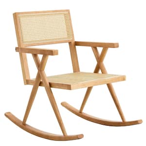25.2 in. Width Brown Solid Wood Rattan Outdoor Rocking Chair Suitable for Balcony, Garden, and Camping Sites
