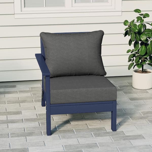 Birchwood Outdoor Patio Deep Seating Left Facing Arm HDPE Lounge Chair in Navy Blue with Grey Cushions