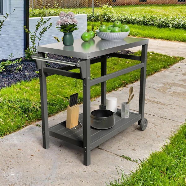 Portable Grill Cart Pizza Oven Stand BBQ Prep Table with Wheels