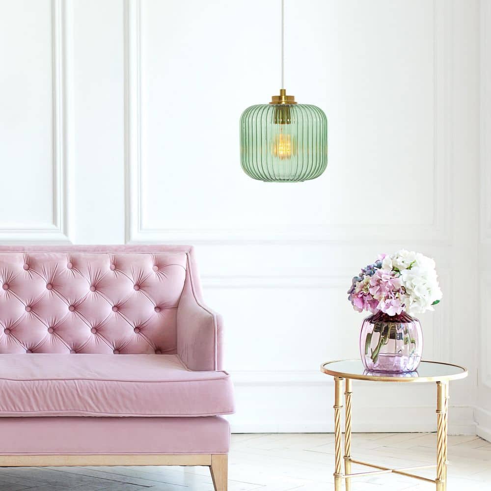 Green Glass Globe Pendant Light with Brushed Gold Finish