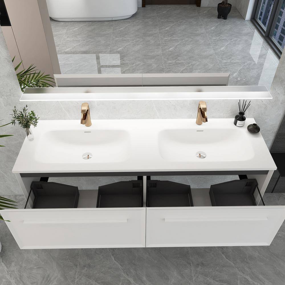 60 in. White Double Sink Wall-Mounted Bath Vanity with Solid Surface Top