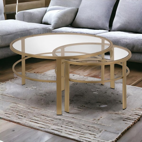 HomeRoots 36 in. Gold Round Glass Coffee Table