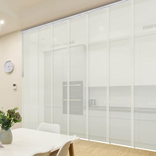 EMOH Ashy Mesh 110 in.- 153 in. W x 94 in. L Adjustable 7-Panel White Single Rail Panel Track with 23.5 in. Slates