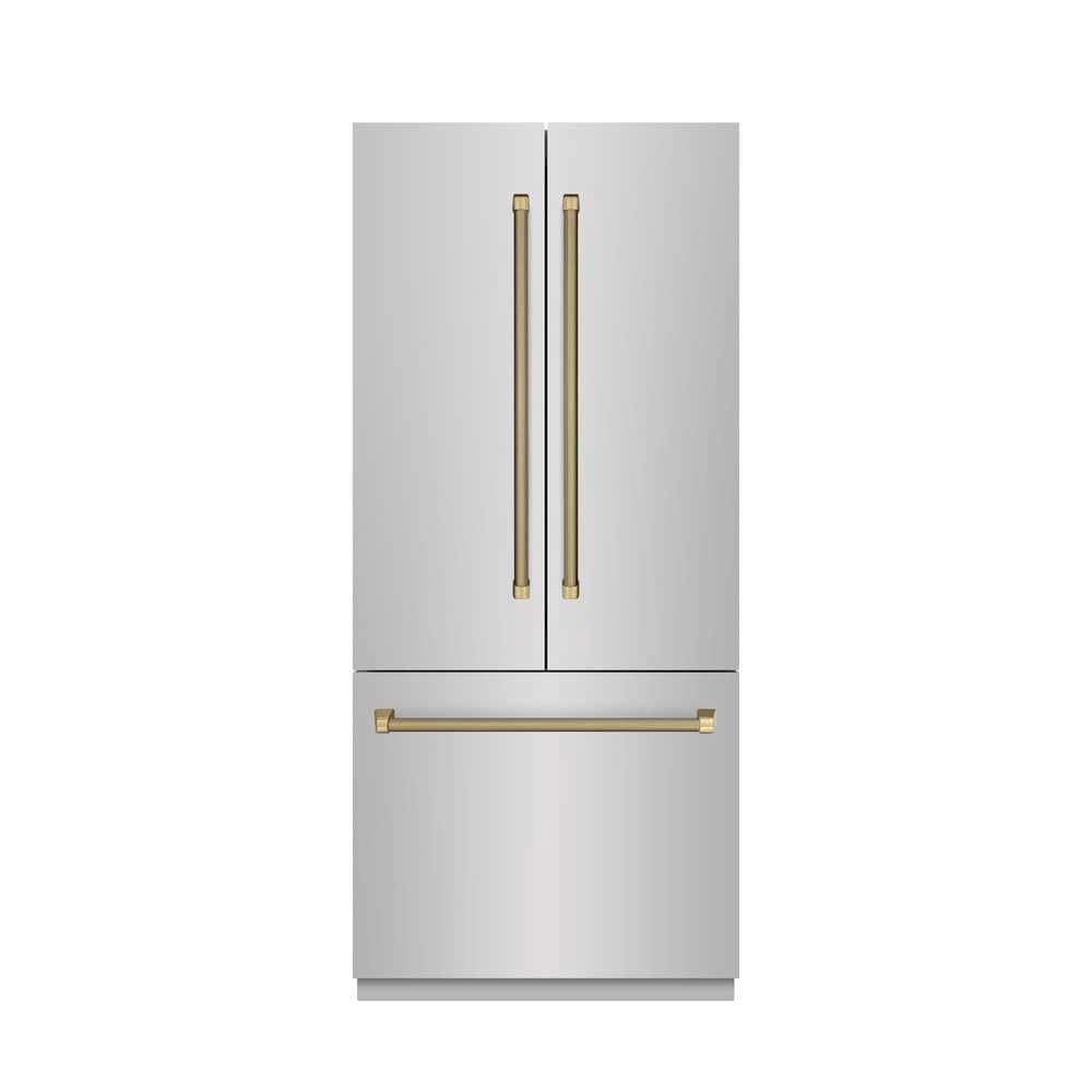 ZLINE Kitchen and Bath Autograph 36 in. Gray Interior French Door Built-In Bottom Freezer 19.6 cu ft Refrigerator with Bronze Helix Handles