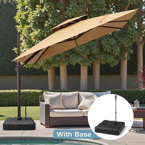 11 ft. x 11 ft. Cantilever Patio Umbrella with 360° Rotation Double Top Outdoor Umbrella and 300 lbs HDPE Base in Tan