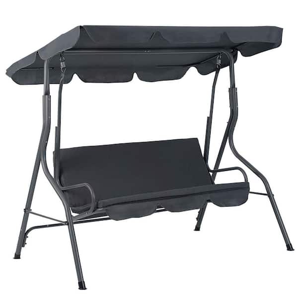 Aoodor 3-Person Metal Adjustable Canopy Porch Swing with Canopy and Cushions, Dark Gray