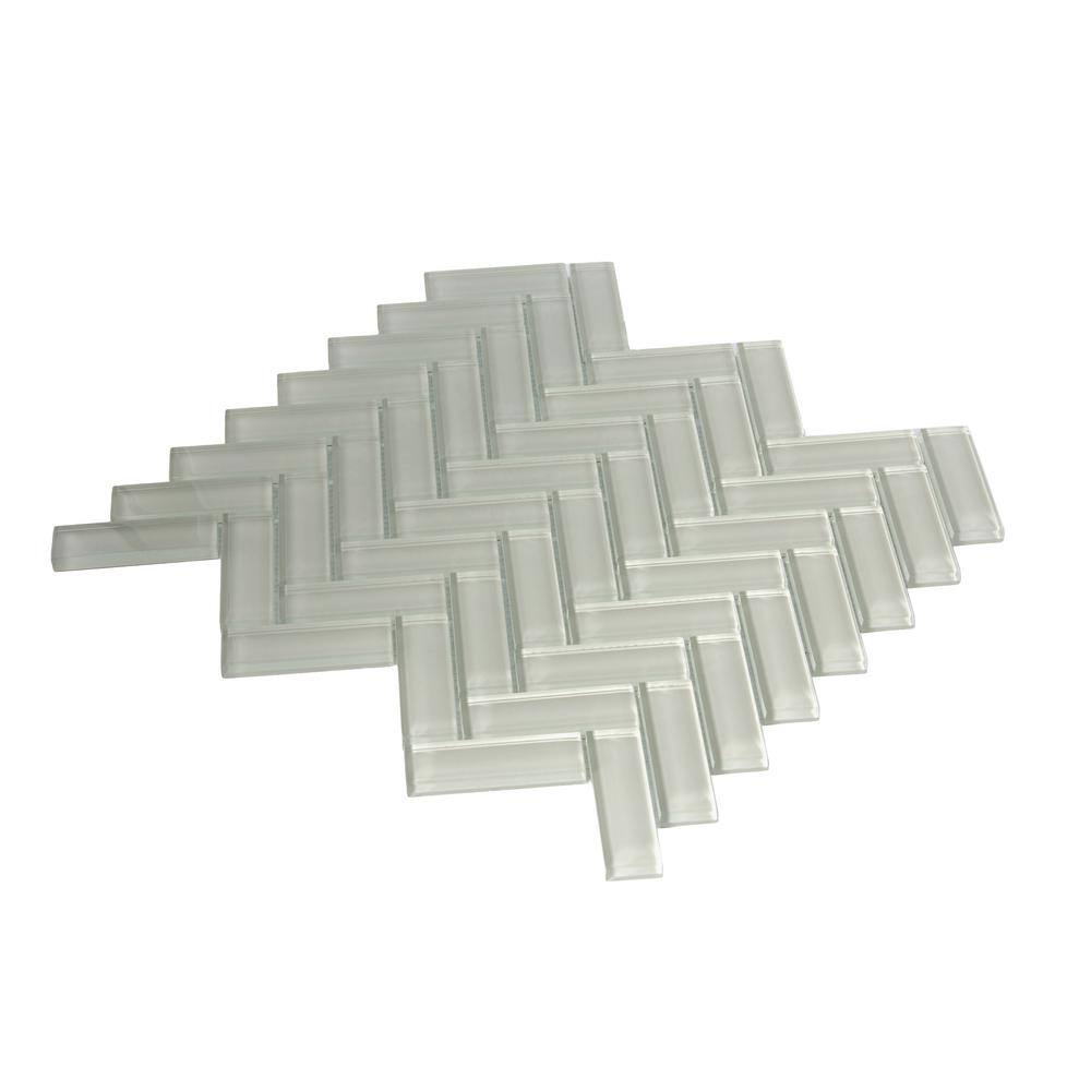 Beige Herringbone Polished Glass Mosaic Tile 11" x 12.6"