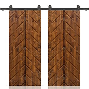 Herringbone 56 in. x 80 in. Walnut-Stained Hollow Core Pine Wood Double Bi-Fold Door with Sliding Hardware Kit