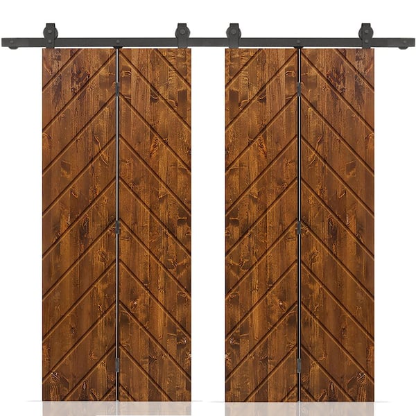 CALHOME Herringbone 60 in. x 84 in. Walnut-Stained Hollow Core Pine Wood Double Bi-Fold Door with Sliding Hardware Kit