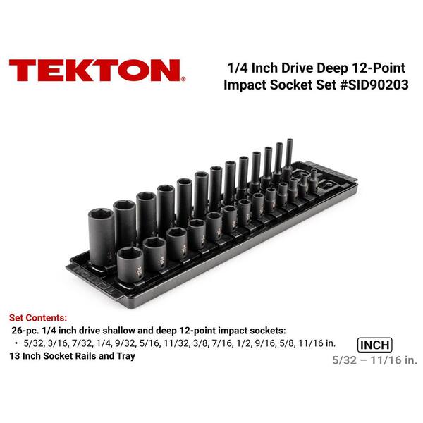 1/4 Inch Drive 12-Point Impact Socket Set with Rails and Tray, 26-Piece (5/32-11/16 in.)