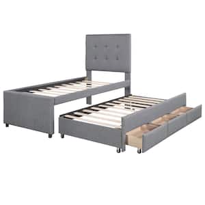 Gray Wood Frame Twin Size Platform Bed with Pull-Out Twin Size Trundle and 3-Drawers