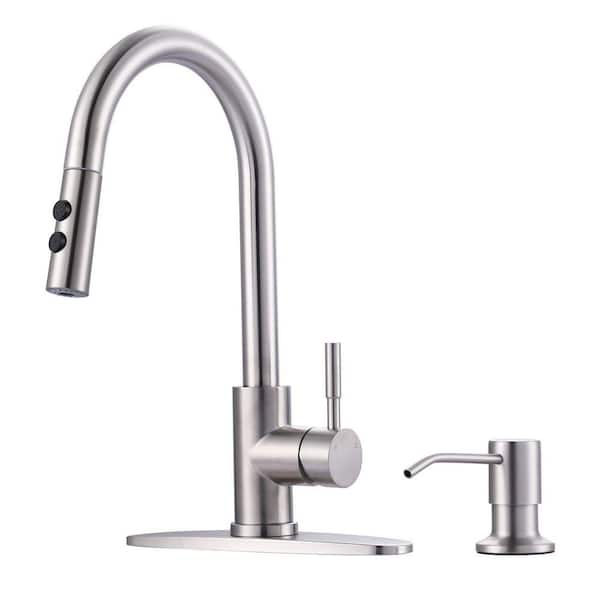15.6 in. Single Handle Stainless Steel Pull Down Sprayer Kitchen Faucet with 360° Swivel Spout, Soap Dispenser in Nickel