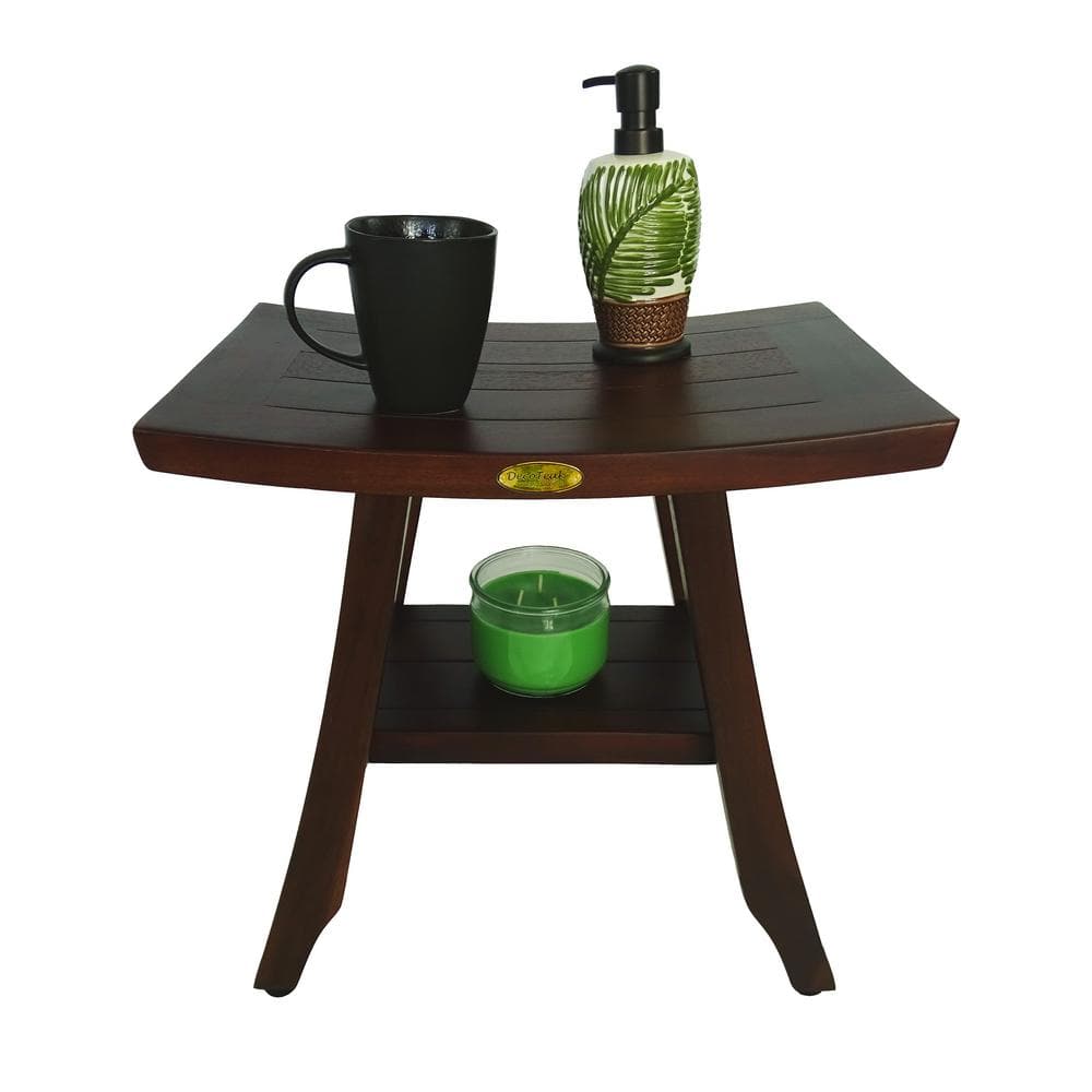 Compact Woodland Brown Teak Shower Bench with Storage Shelf