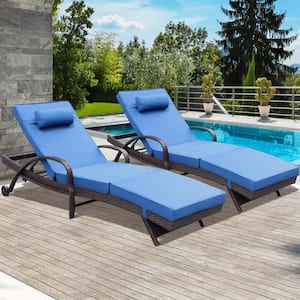 Residential Brown 2 of Pieces Wicker Outdoor Chaise Lounge with Blue Cushions