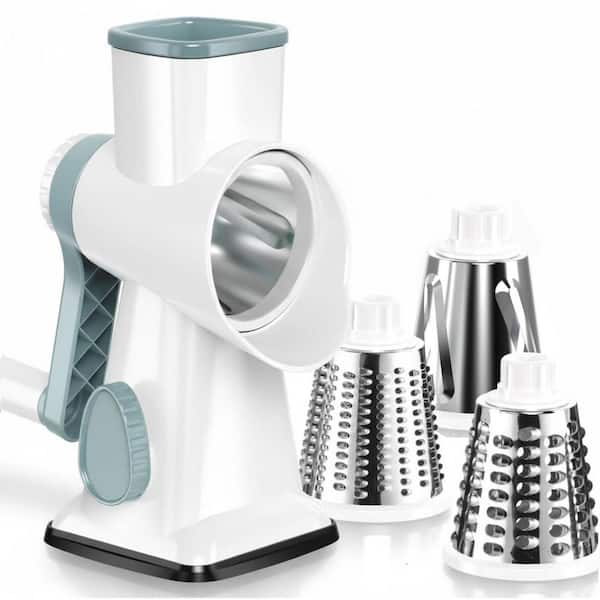 White Rotary Cheese Grater with 3 Stainless Steel Blades, Stable Suction, Hand Crank Slicer for Vegetables, Nuts