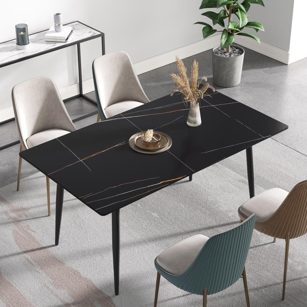 63 in. Black Sintered Stone Tabletop with 4 Black Metal Legs Dining Table (Seats 6) -  Magic Home, MH-DTT16G-DTL4B