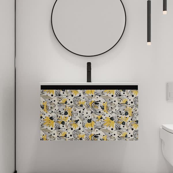 ARTCHIRLY 30 in. W x 18.3 in. D x 17.3 in. H Wall Mounted Bath Vanity in Black with White Ceramic Vanity Top