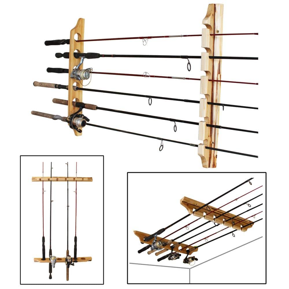 Rustic Light Brown Wood Wall-Mounted Fishing Rod Rack