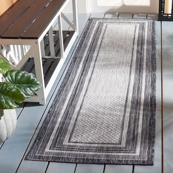 Courtyard Light Gray/Black 2 ft. x 10 ft. Solid Color Striped Indoor/Outdoor Runner Rug